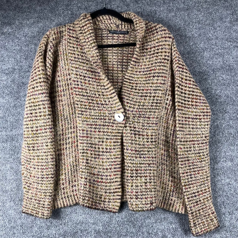 Peruvian Connection Cardigan Sweater Womens Medium Tan Alpaca Wool Blend Knit
